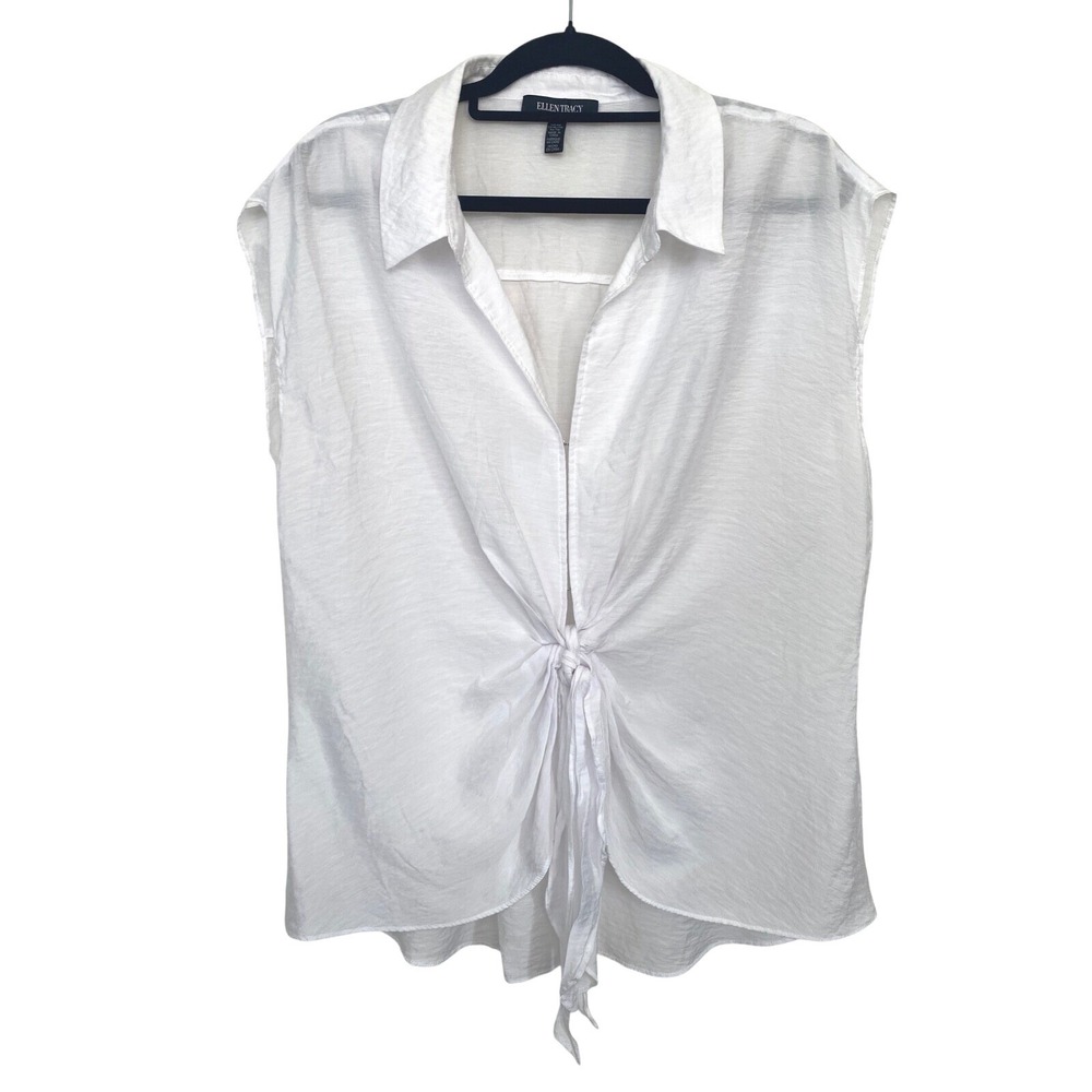 Ellen Tracy Womens‎ XL White Textured Front Tie Knot Sleeveless Blouse Top
